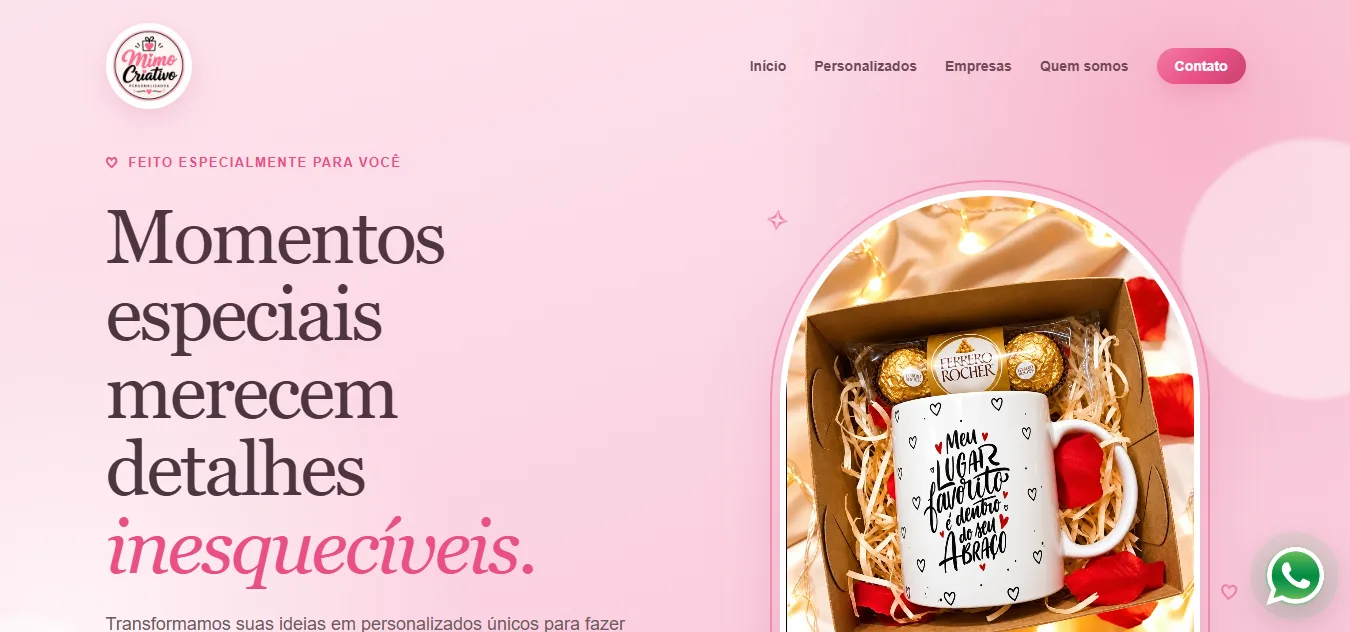 Site da Mimo Criativo Personalizados, criado pela Moara